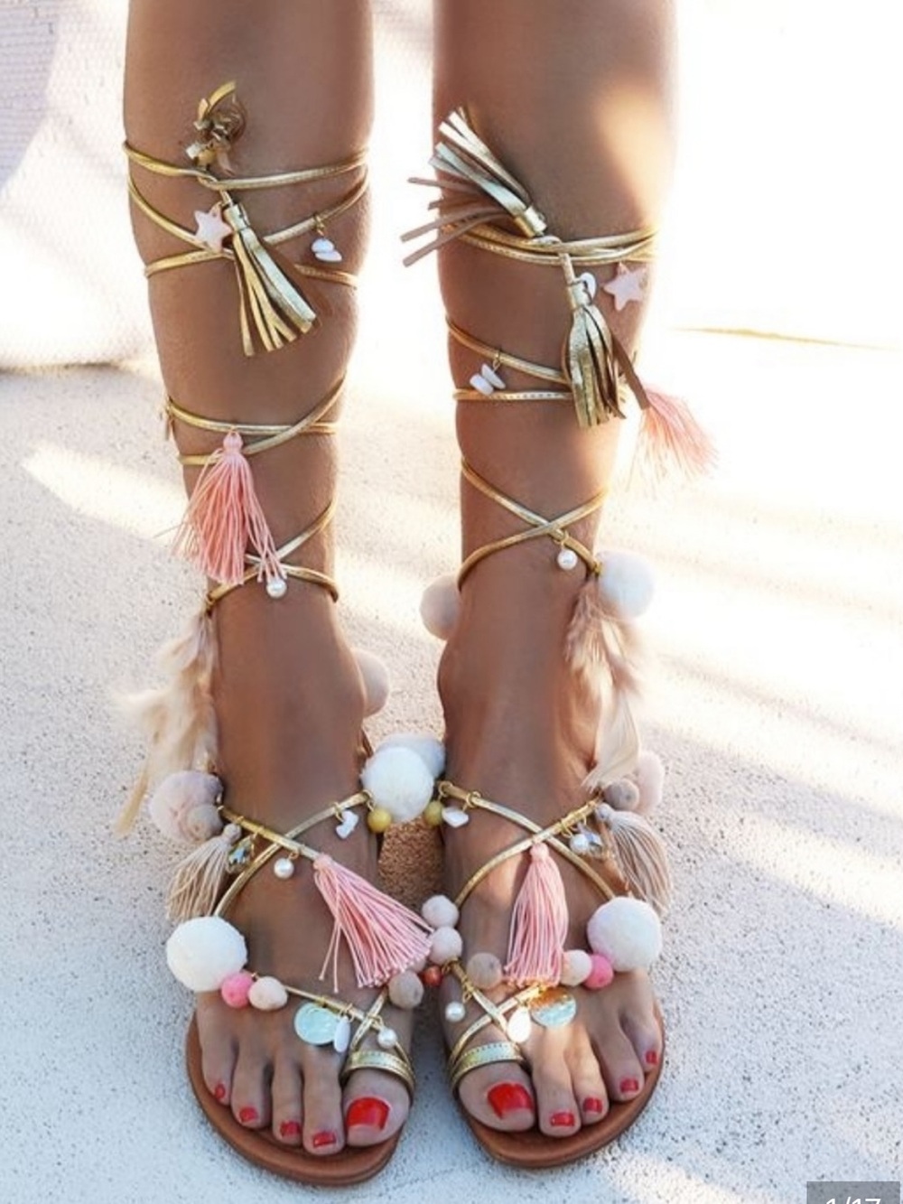 Alameda Turquesa Pom Pom Embellished Gold Tassel Sandals size 39